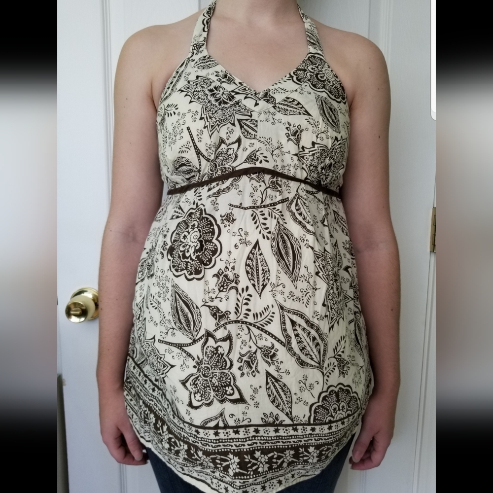 Motherhood Maternity Cream with Brown Floral V-Neck Halter Top Size M